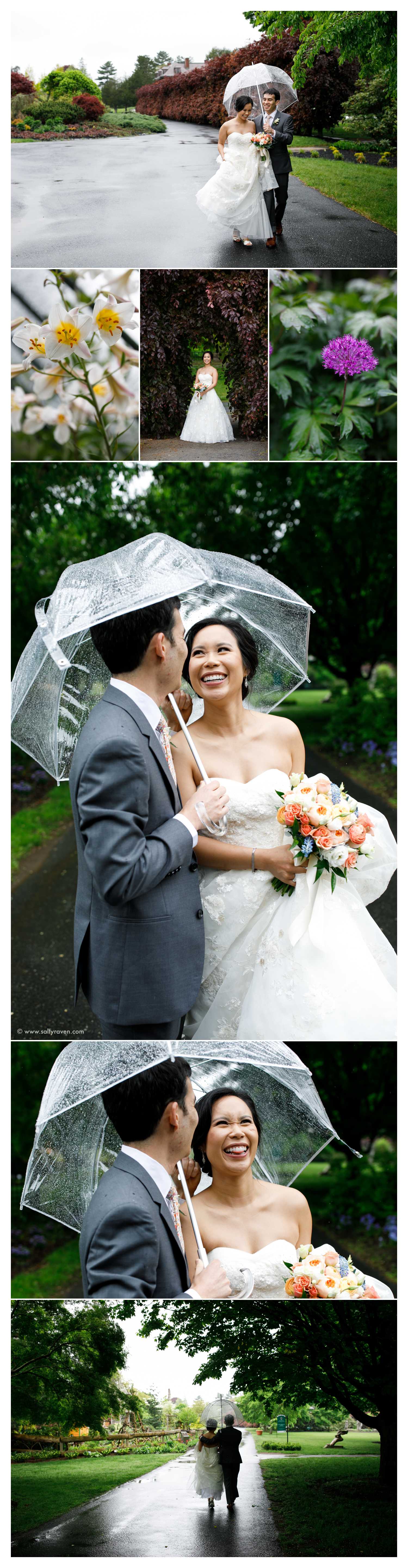 Bride and groom walking under an umbrella in the rain on their wedding day.