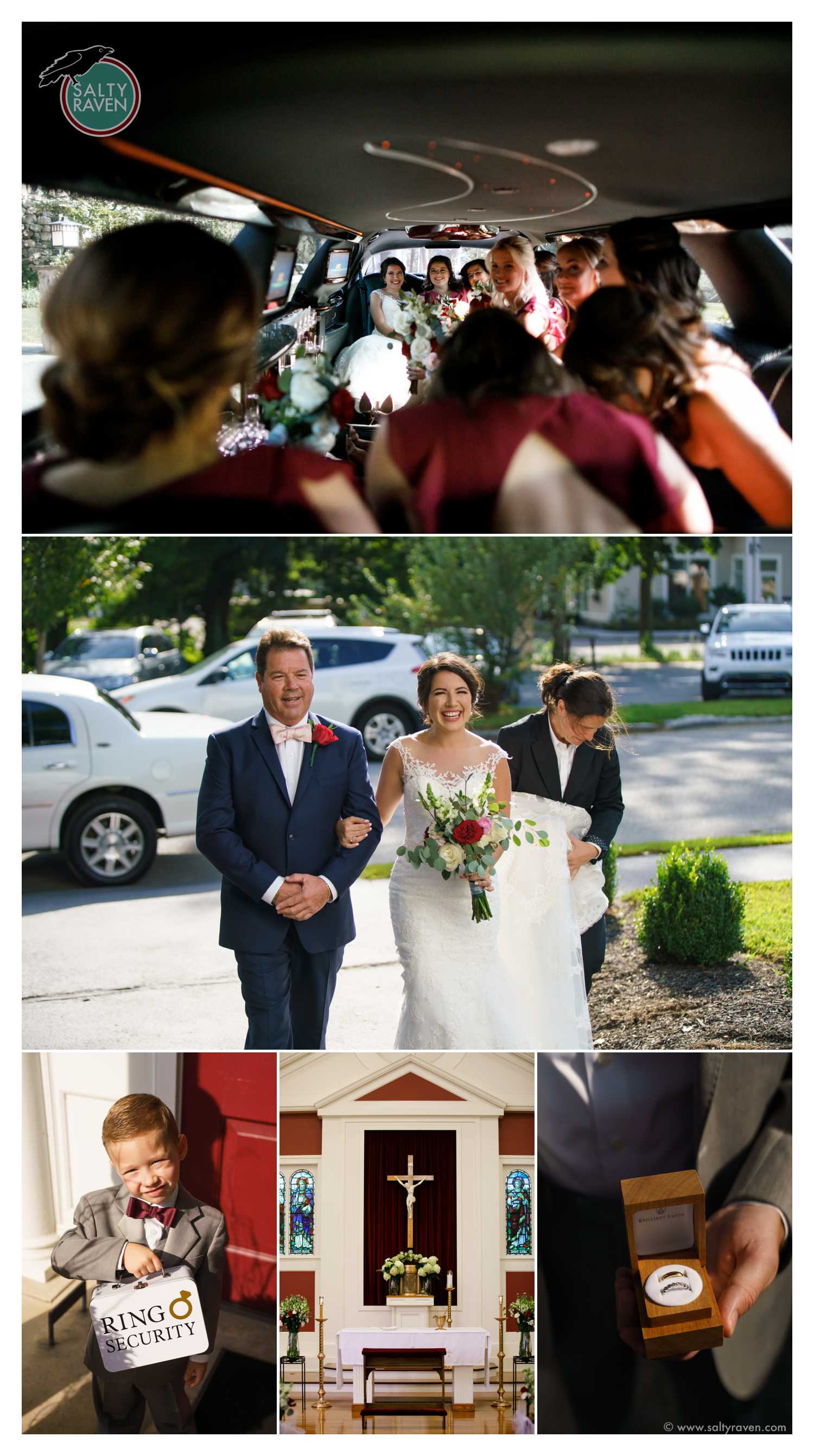 The ceremony is held at a Catholic church nearby. The bride is walked in by her father.