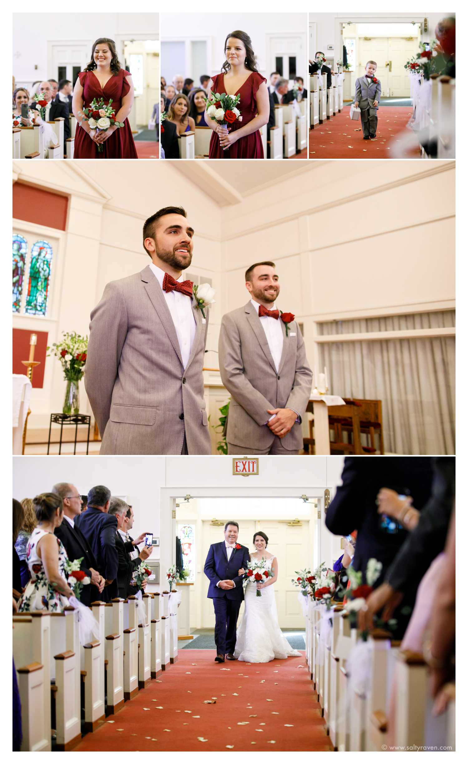 The bridesmaids come down the aisle first, then the ring bearer, and finally the bride escorted by her father.