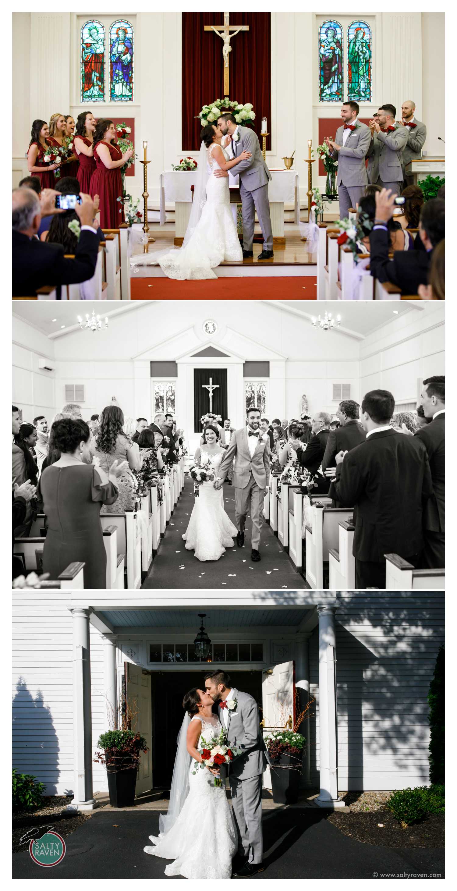 The couple shares their first kiss and then recesses out the church doors into the sunlight.