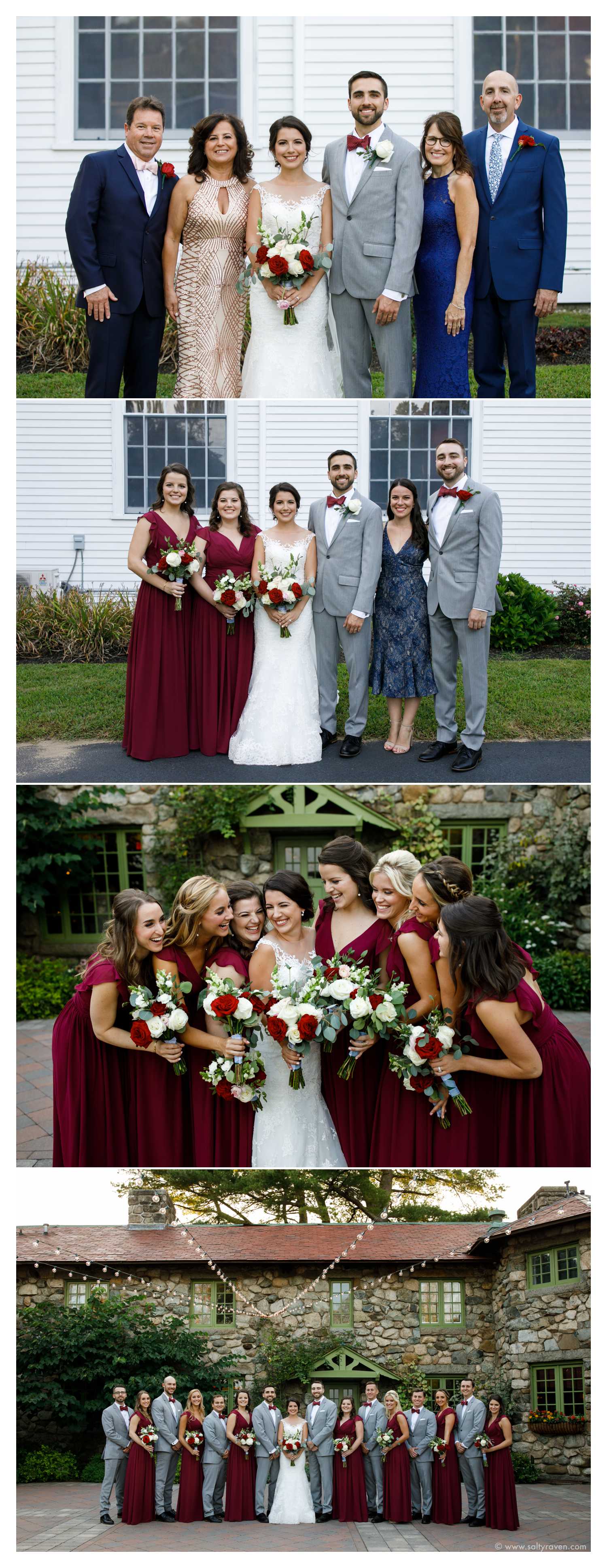 Family portraits outside the church and wedding party photos back in the courtyard at Willowdale Estate.