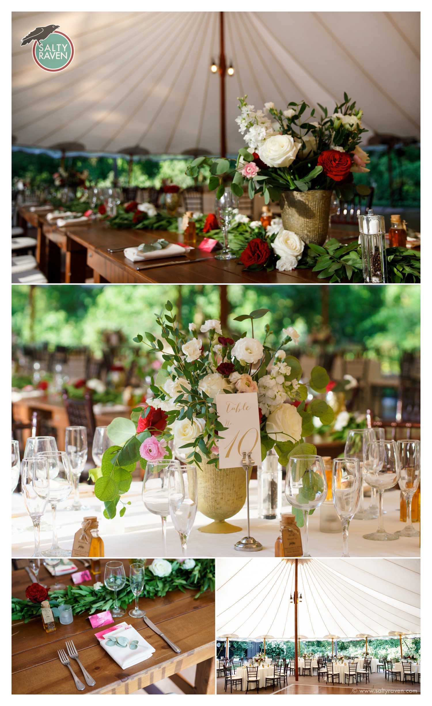 The flowers under the tent, tablescapes, and the view of the room set up at this Willowdale Estate Wedding.