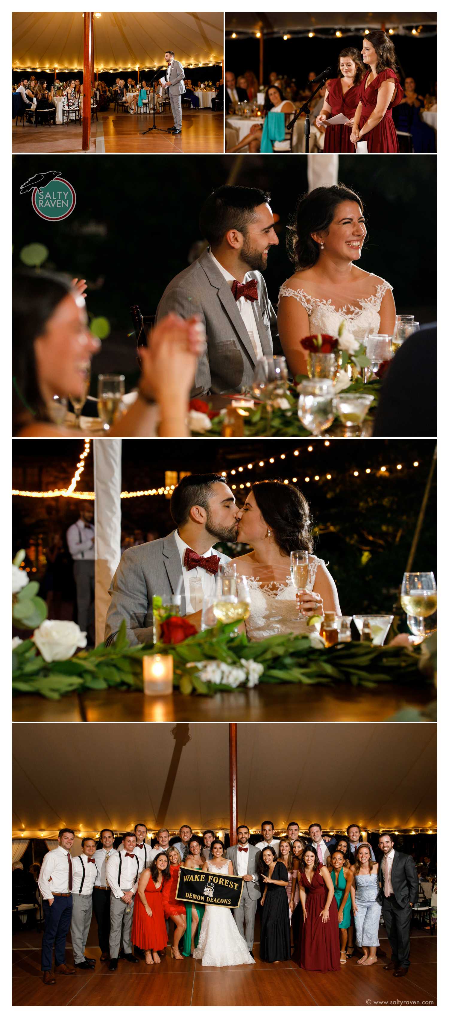 The toasts are funny, the couple laughs and kisses. The college group gathers for a large photo.