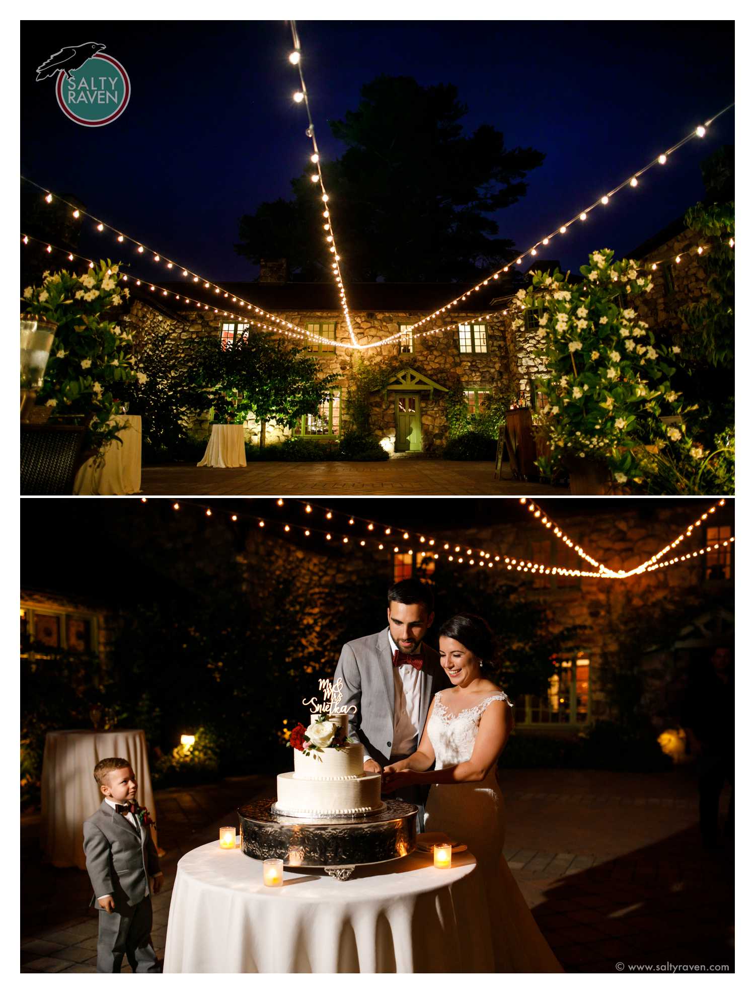 Under the lights of the courtyard, the couple cuts their cake while a young child looks on.