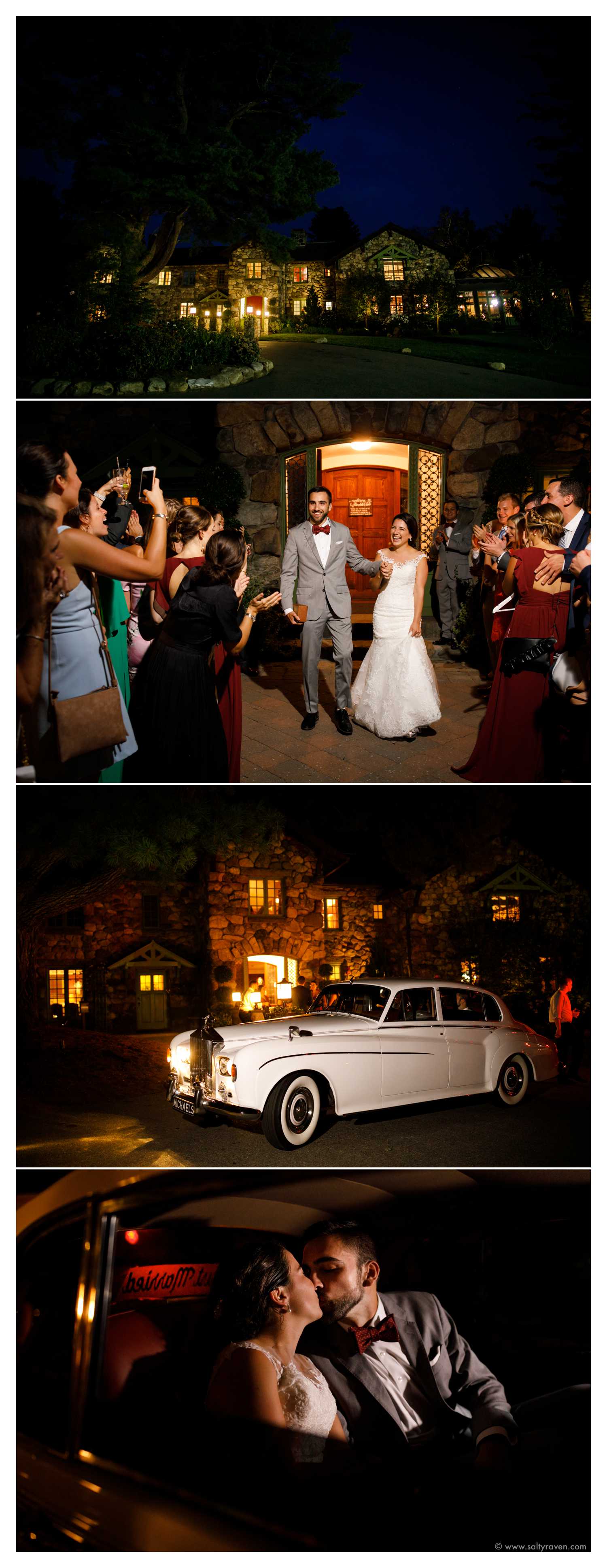 The celebration is over and the couple departs Willowdale Estate in a Rolls Royce car.