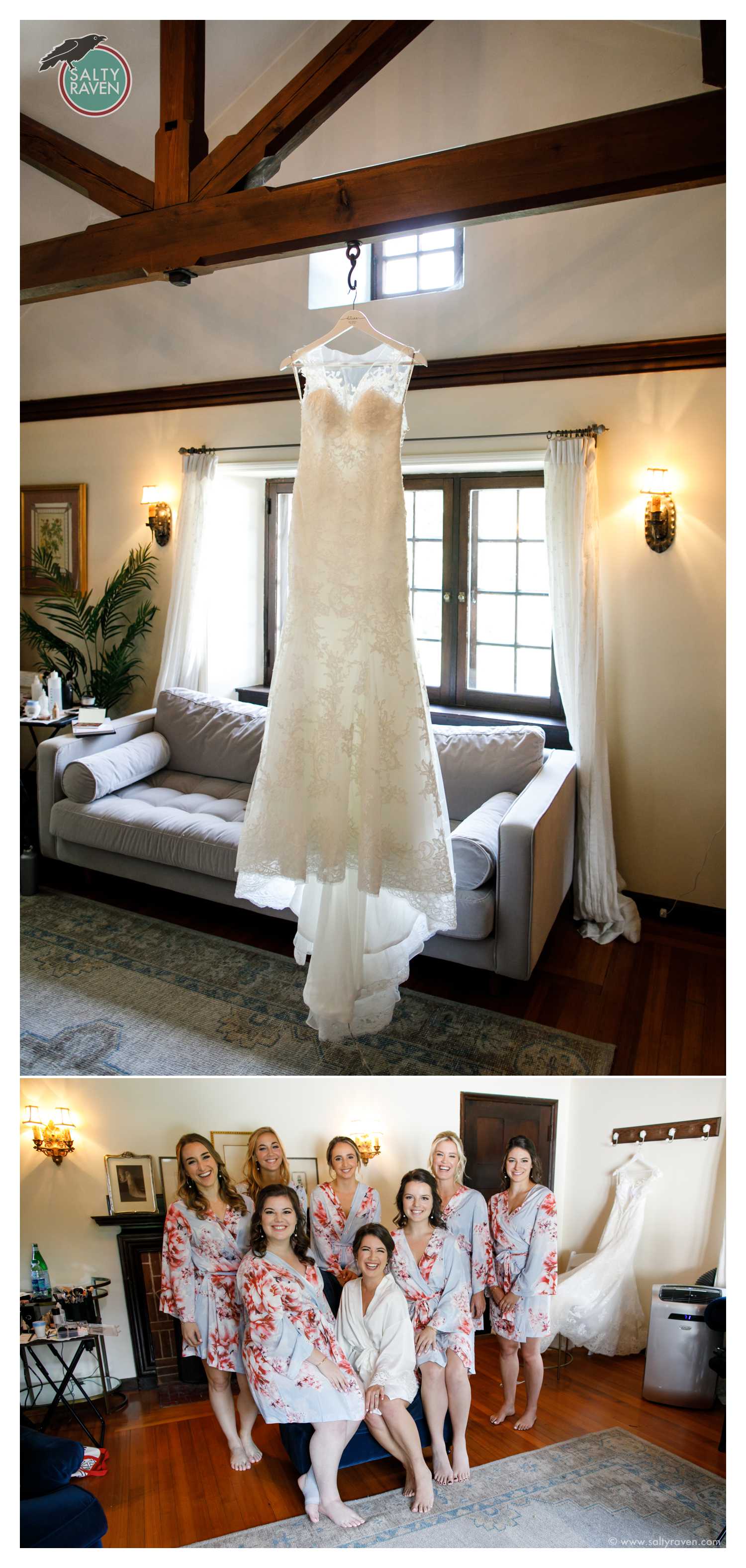 The bridal suite at Willowdale Estate has the perfect place for hanging a dress. The bridesmaids gather for a photo in their robes.