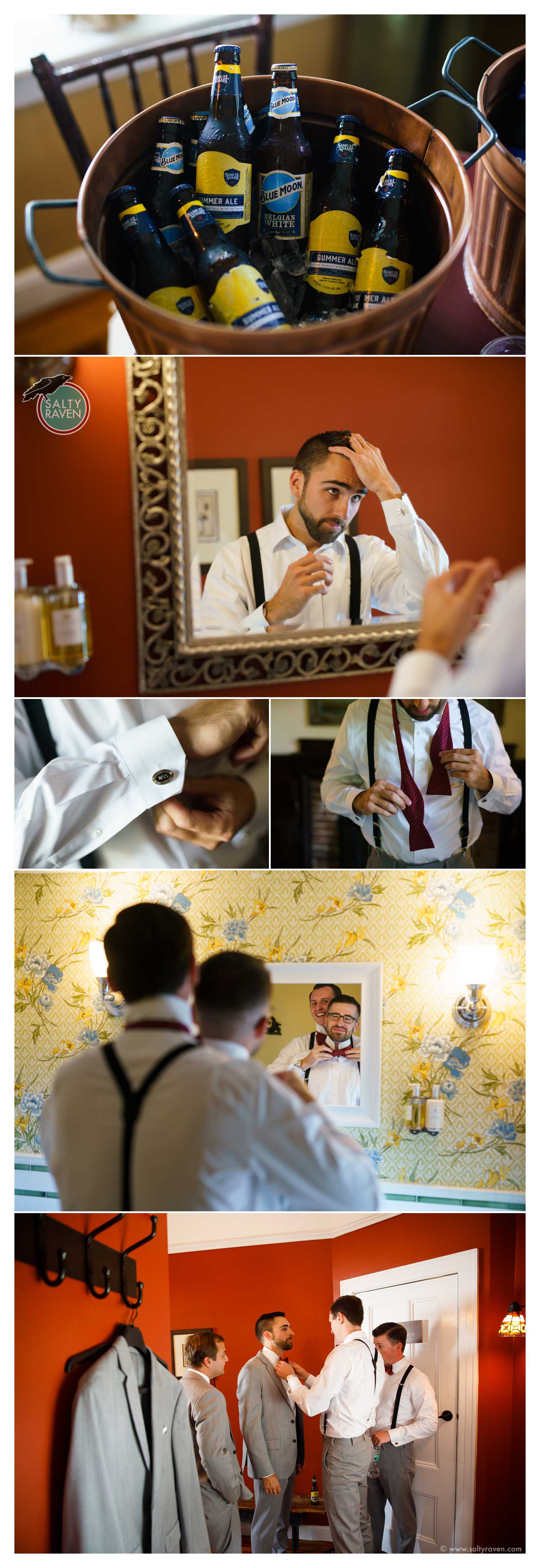 The gentlemen enjoy beer while they get ready. The groom fixes his hair and puts on his tie.