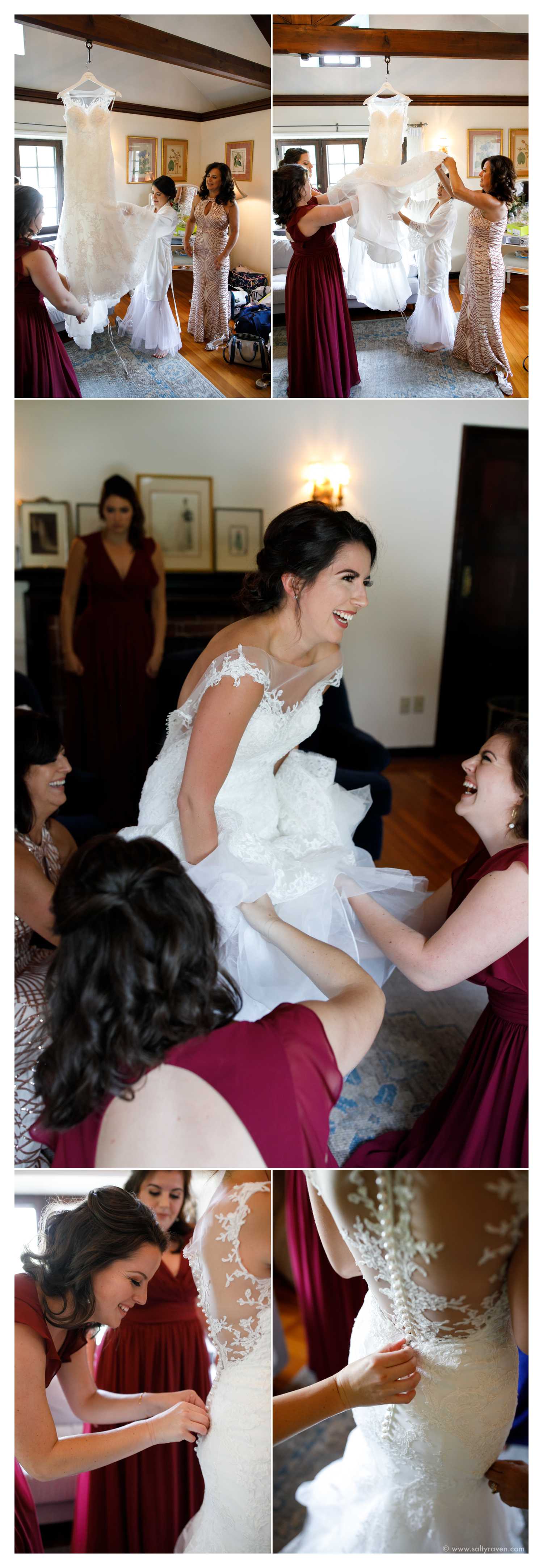 The bride gets into her dress at this Willowdale Estate Wedding. Her sisters help button the buttons.