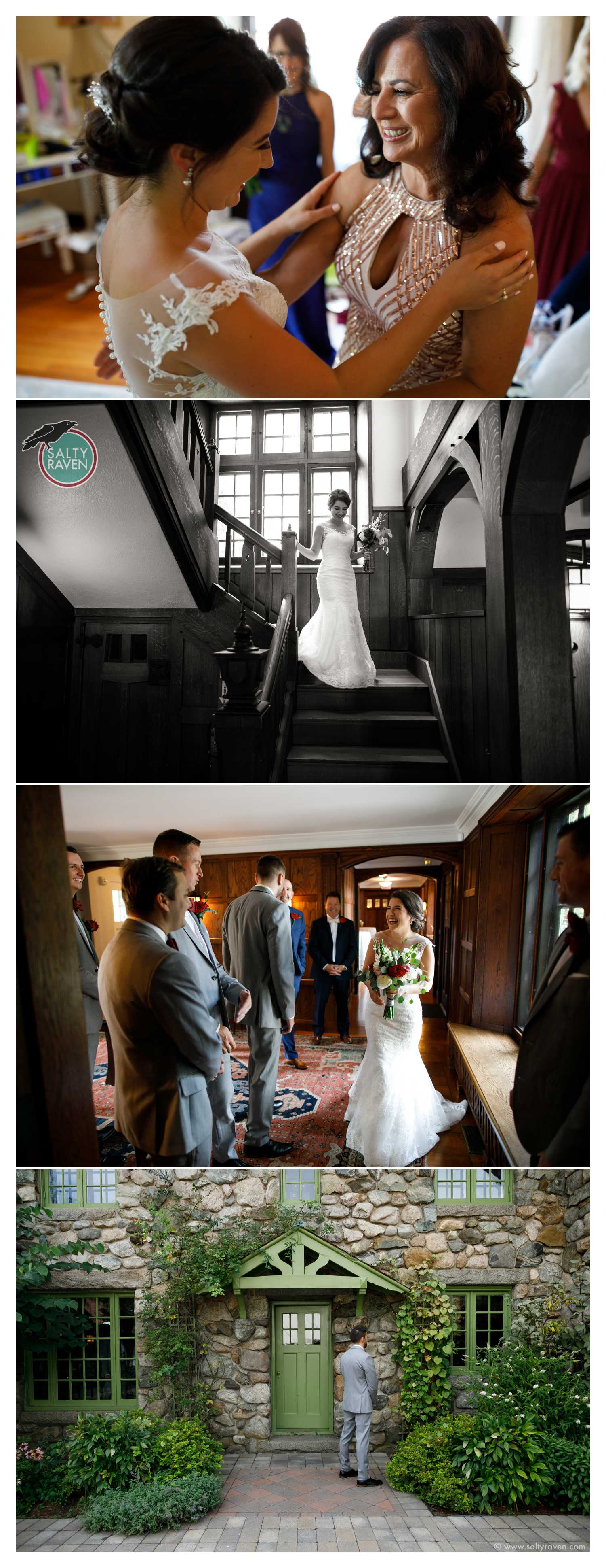 The bride and her mother share a last moment together before the bride descends the stairs at Willowdale Estate. The groom waits for her outside in the courtyard.