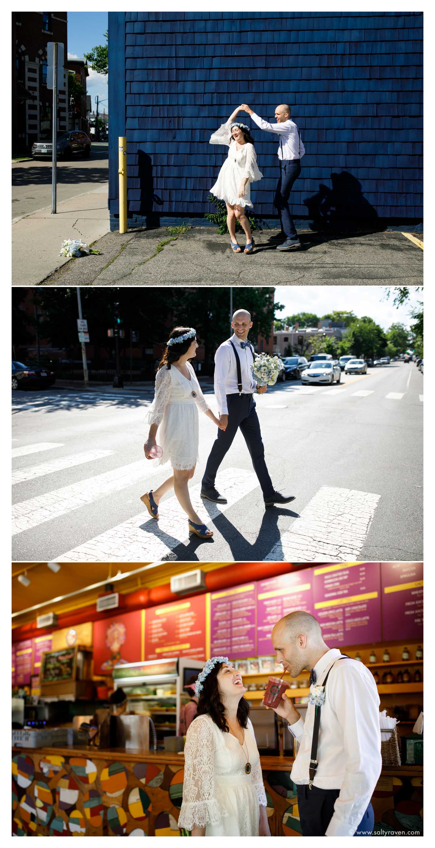 A Cambridge City Hall wedding of a woman in a short white dress and a man in a white shirt. They dance in front of a blue wall, walk across the street in a crosswalk, and then order a smoothie at Life Alive.