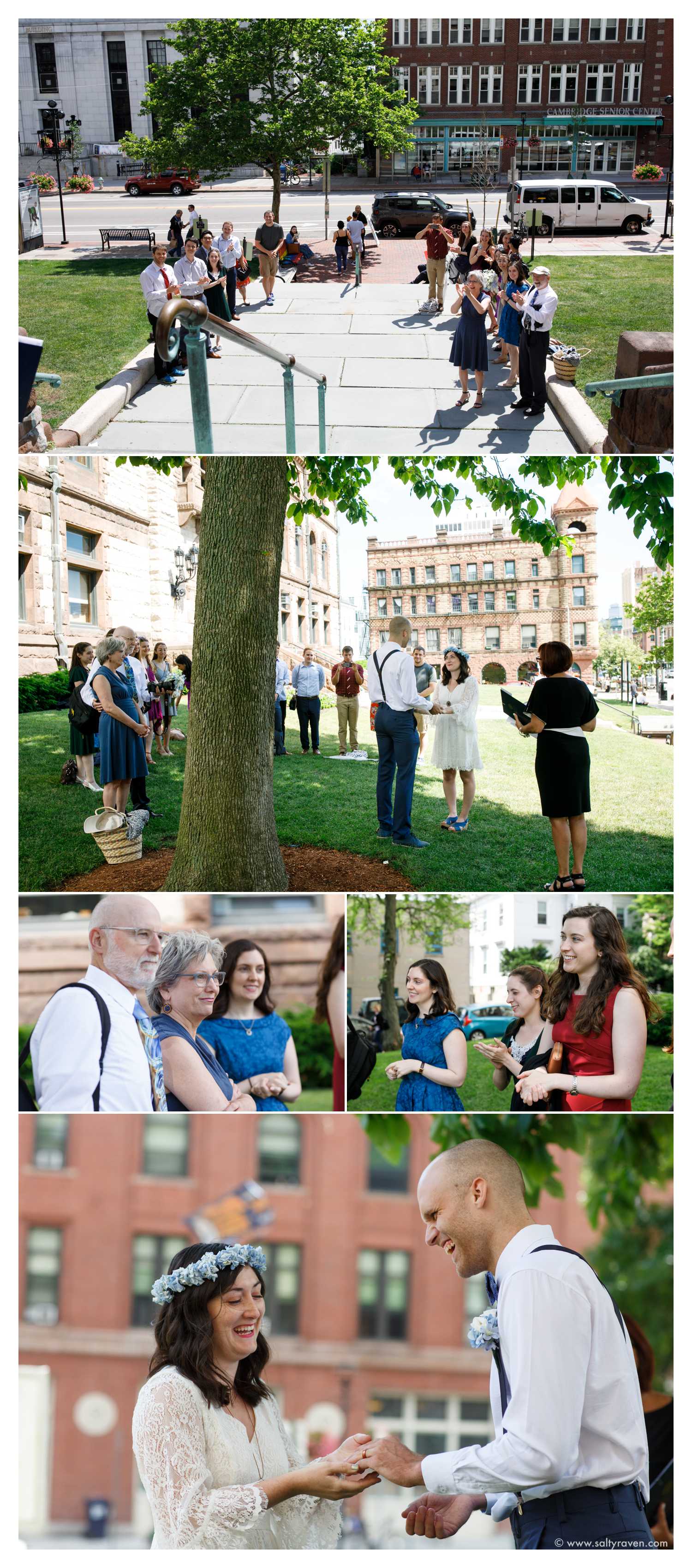 Their ceremony was on the lawn of Cambridge City Hall. They stood under a large shade tree.