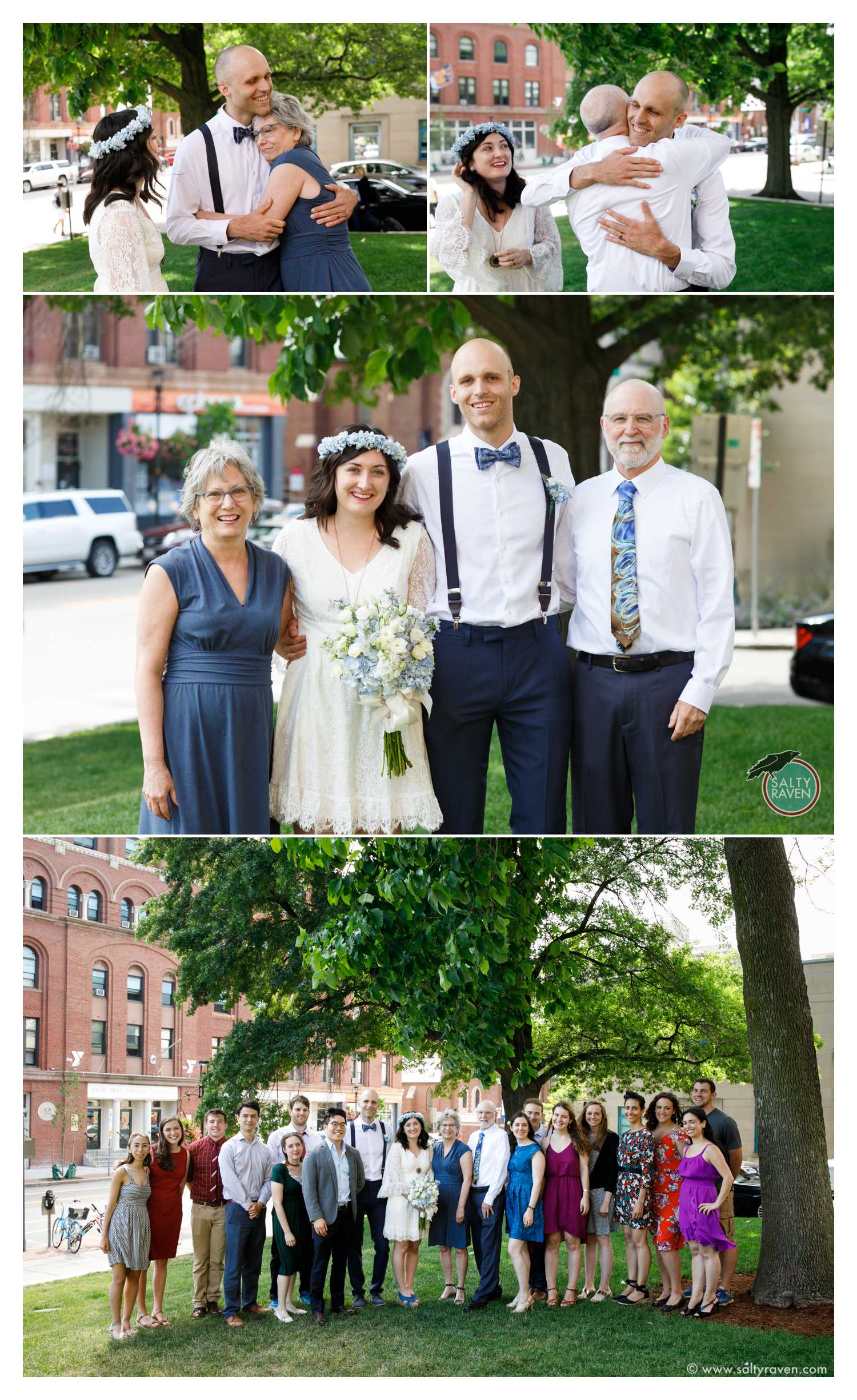 The couple receives hugs after their Cambridge City Hall wedding and poses for photos with friends.