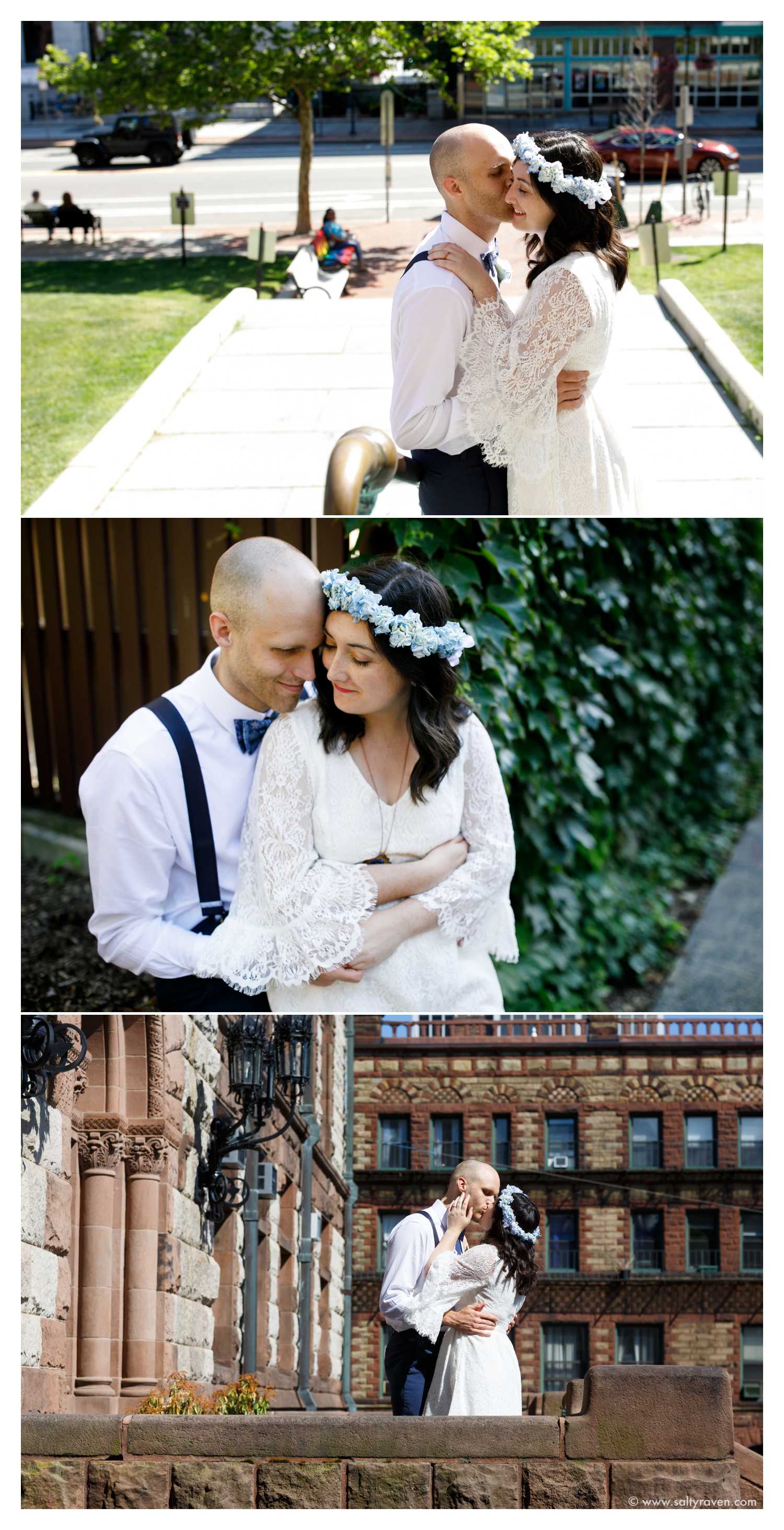 After their Cambridge City Hall wedding, the couple enjoyed some moments alone together on the steps in the sun.