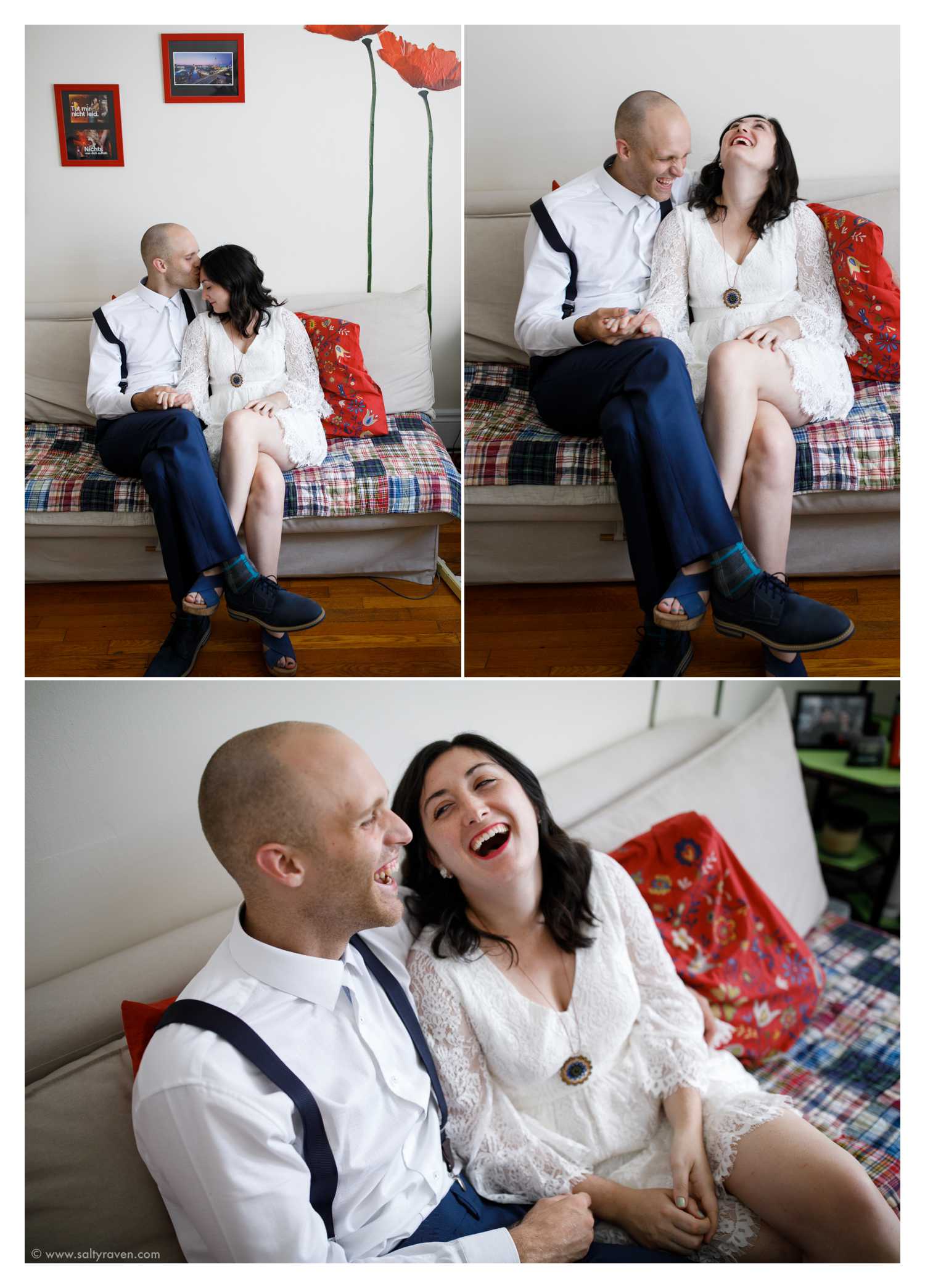 The couple relaxes on their couch at home before heading to Cambridge City Hall to get married.