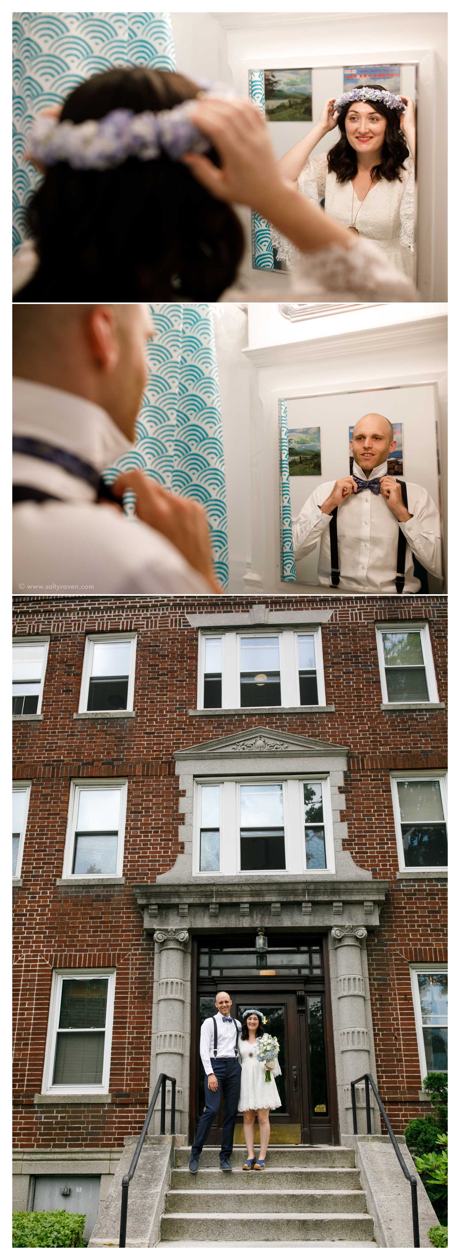 The bride puts on a flower crown, the groom fixes his bowtie, and they stand outside of their apartment before heading to Cambridge City Hall to get married.