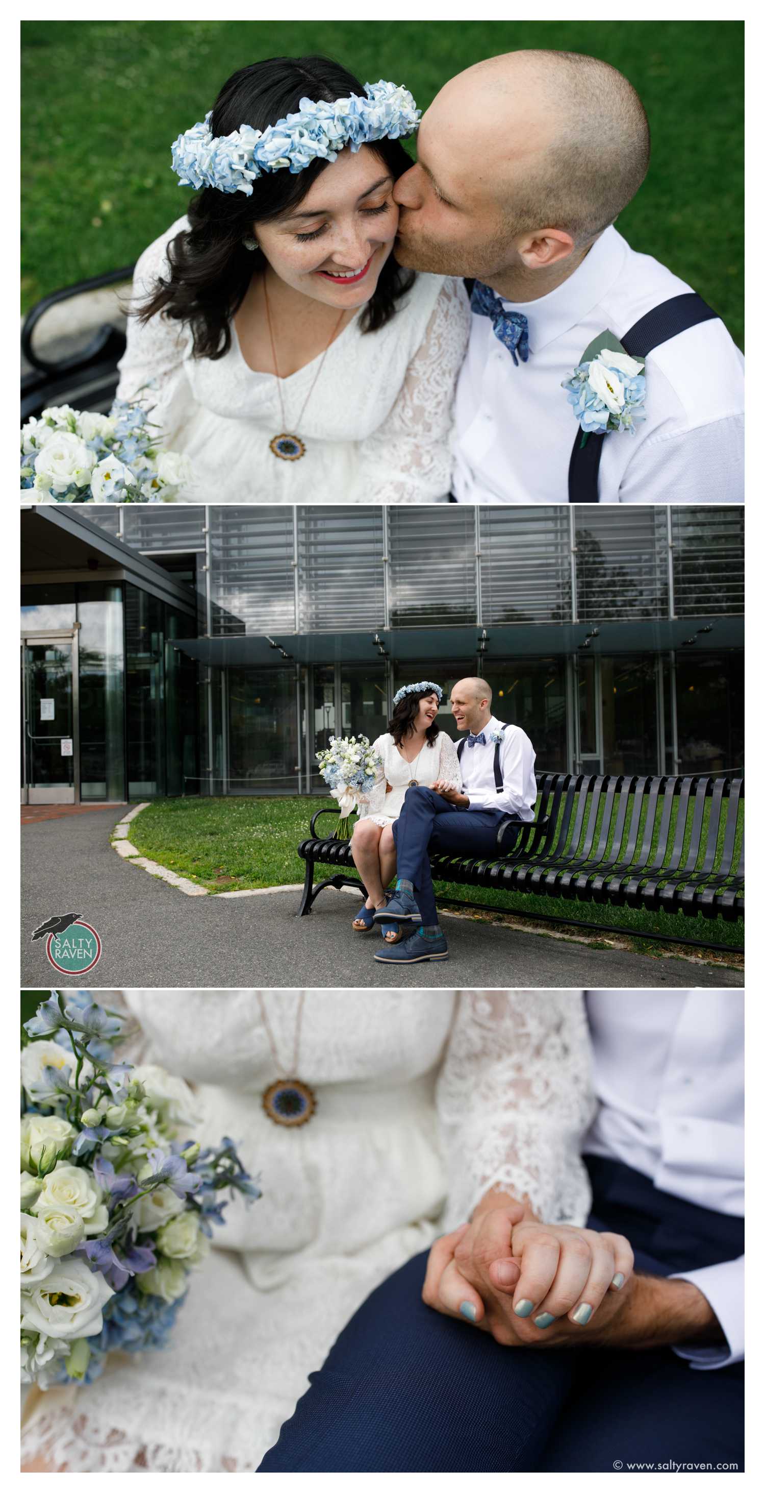 Before heading to Cambridge City Hall to get married, they stopped on their favorite park bench in front of the Cambridge City Library.