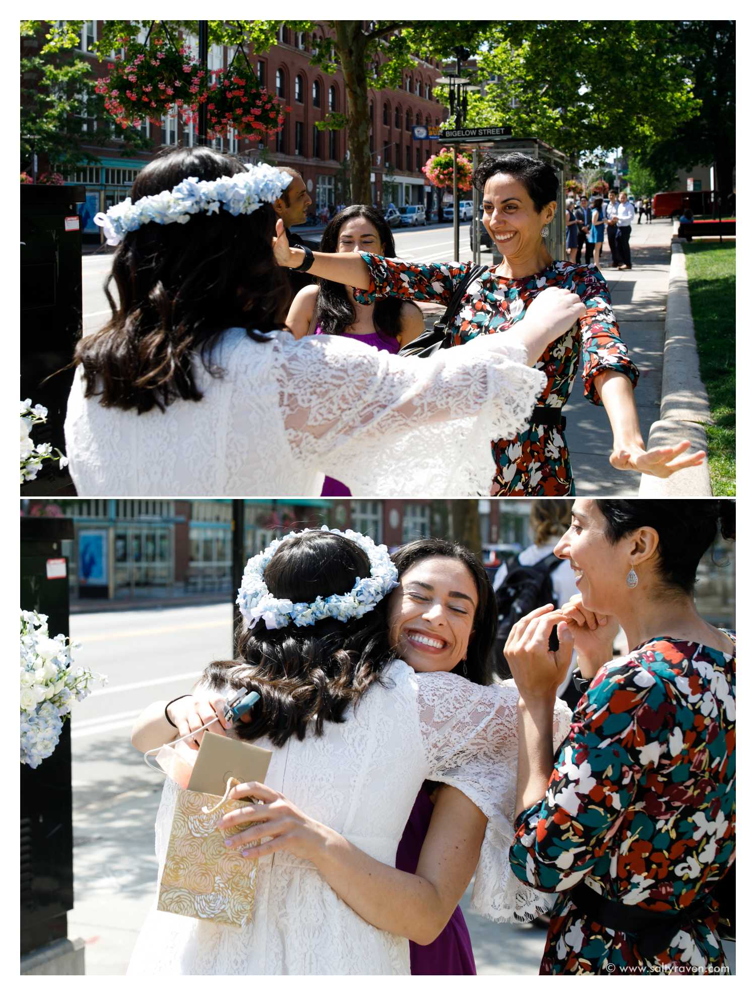 The bride is hugged enthusiastically by a woman when she arrives for her Cambridge City Hall wedding.