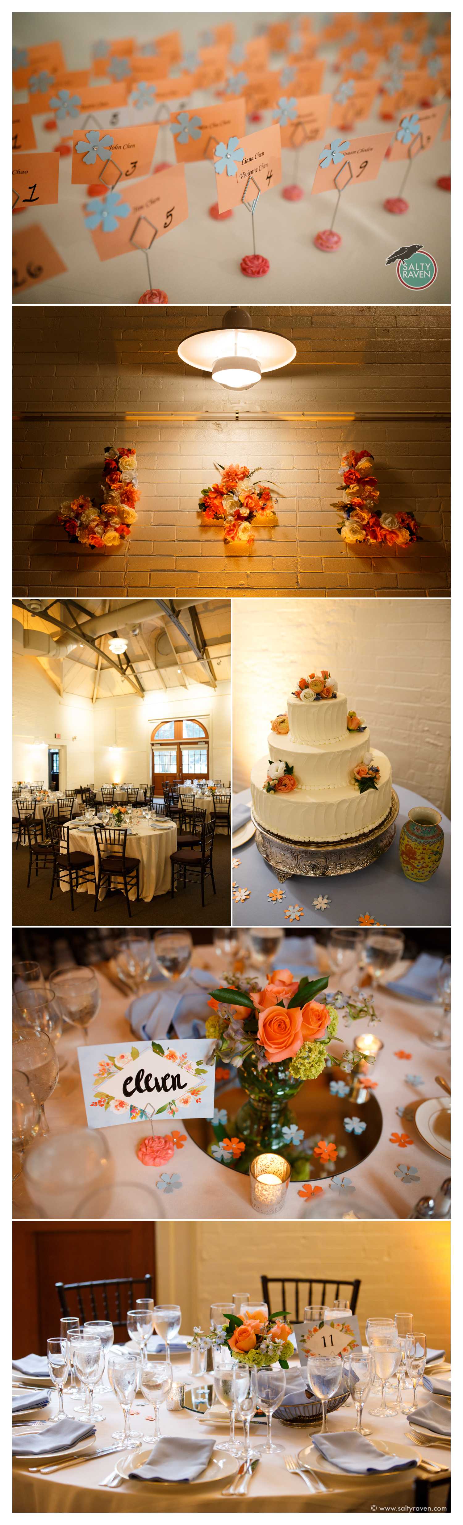 Handmade details- placecards, flowers, a photo of the room from afar, the cake, and the table settings.