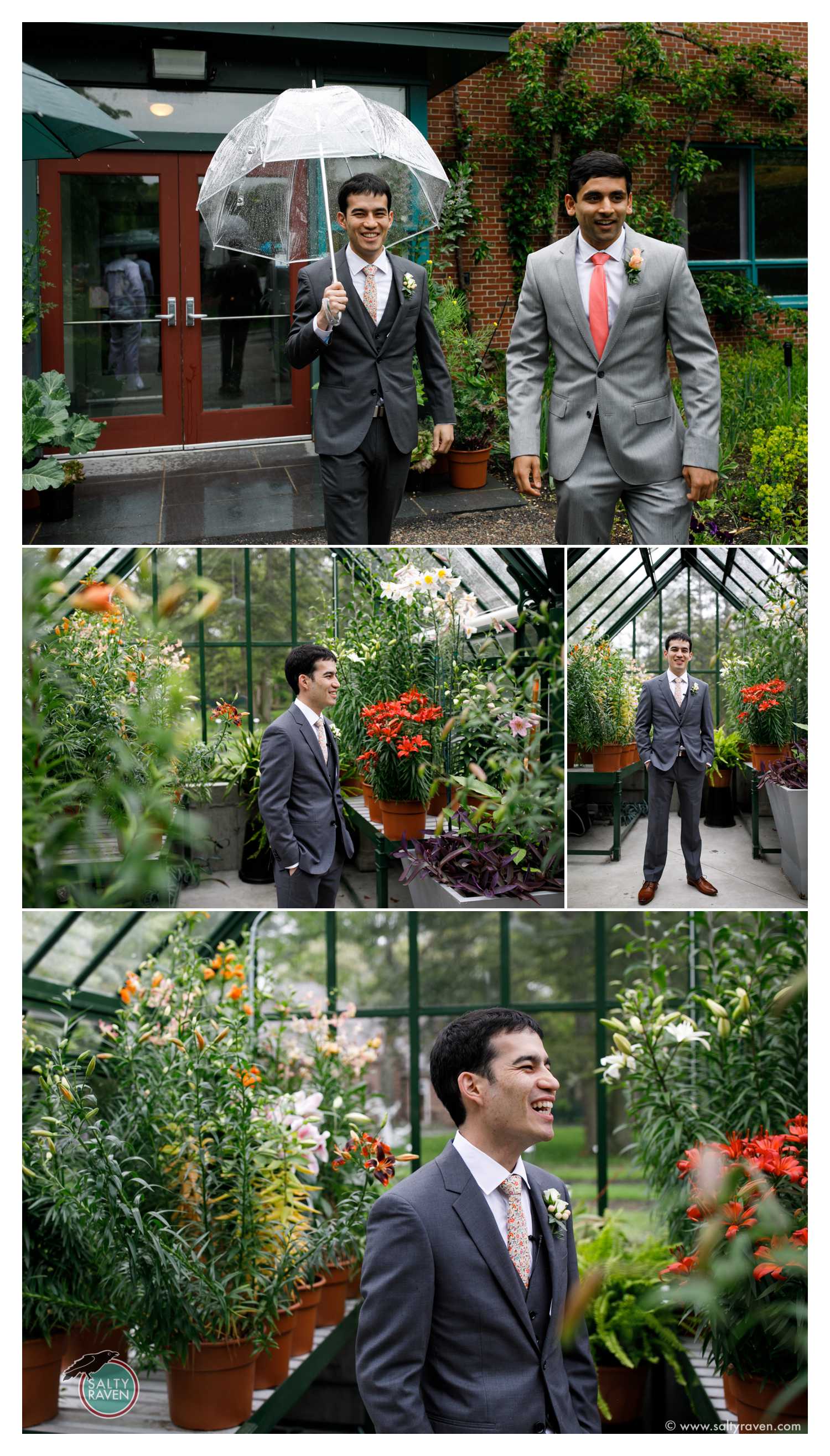 The groom walks out of a building and into a greenhouse where he will wait for his bride to arrive.