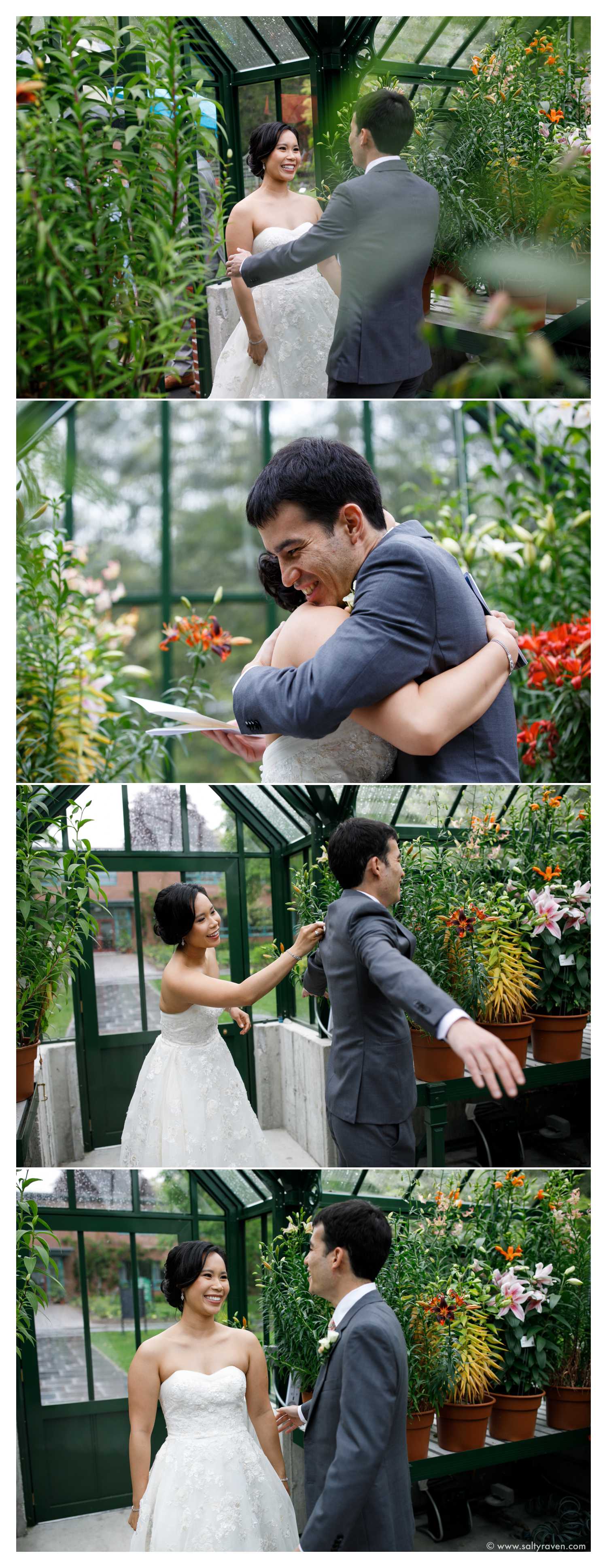 The bride and groom share their first look in the greenhouse at The Gardens at Elm Bank in Wellesley, MA