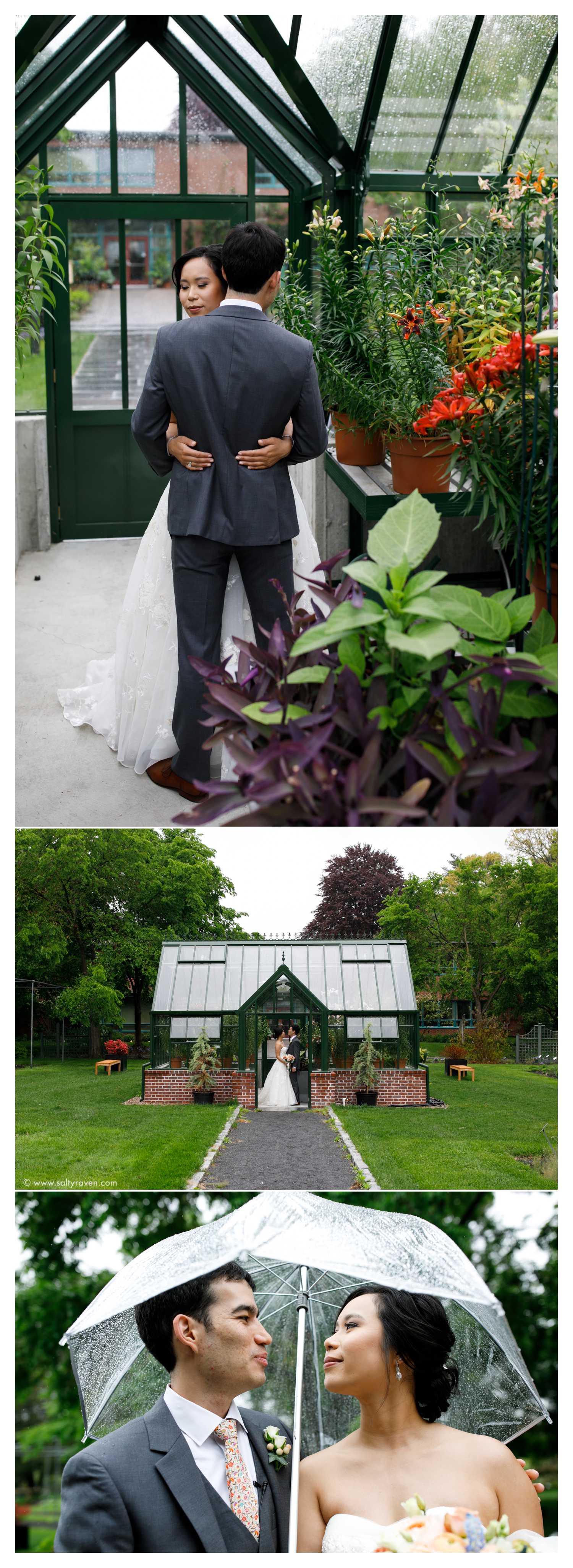 Close-up photos of the bride and groom in the rain under their umbrella and a far away shot in the doorway of the greenhouse.