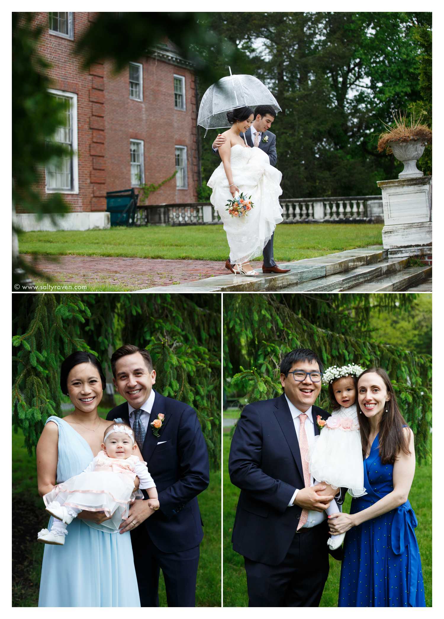 The bride and groom descend the stairs. Friends and guests pose for portraits with their babies.