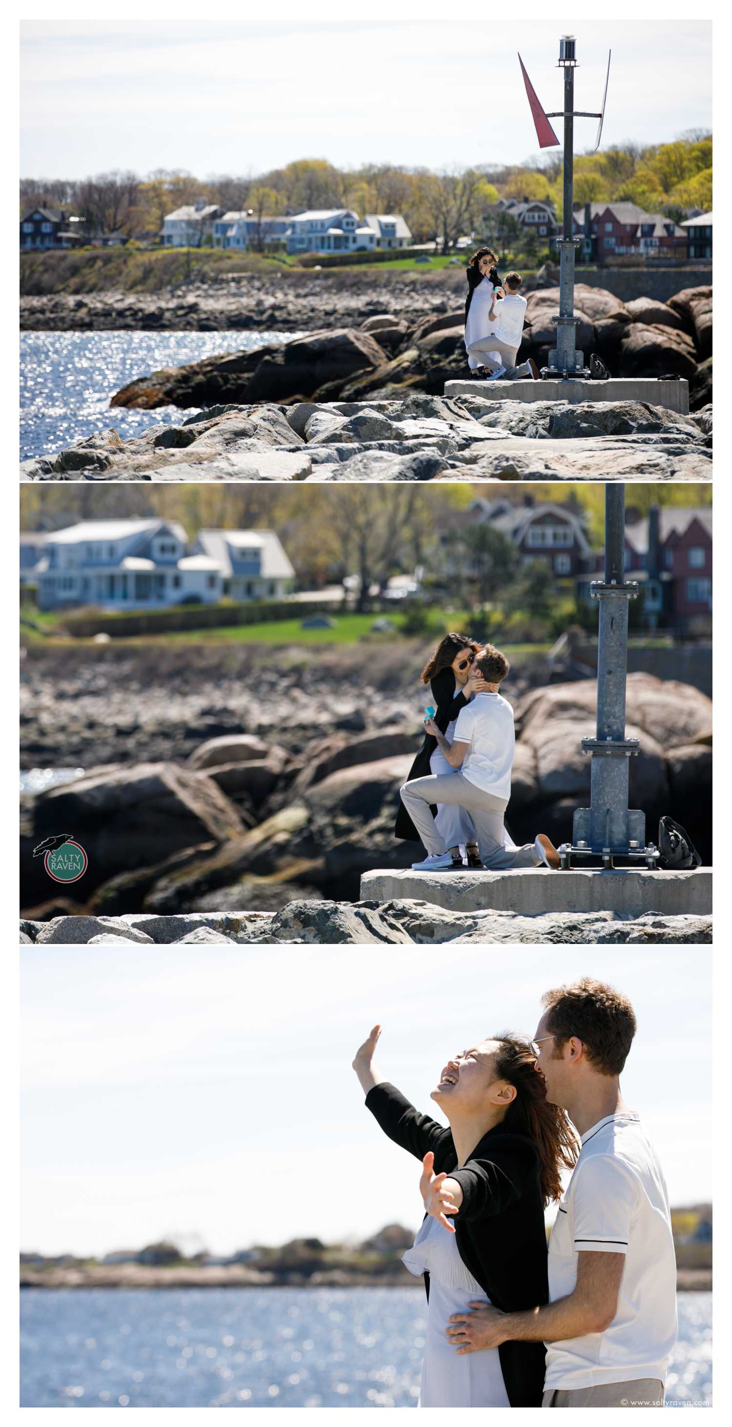 Proposal photography in Rockport, MA where a man proposed to a woman by getting down on one knee with a ring. She is surprised and says yes!