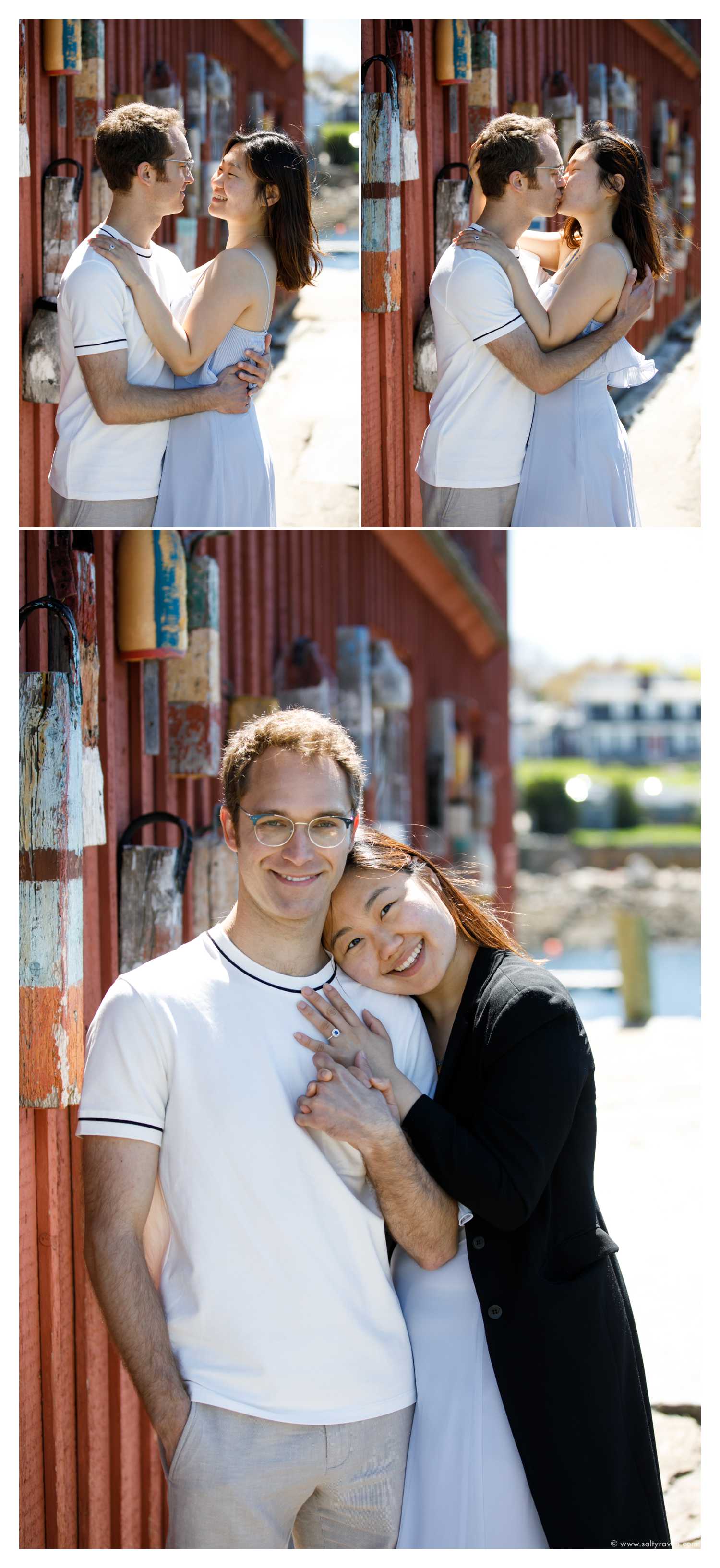 The couple has a short engagement session after the proposal along Motif Number 1, a building that