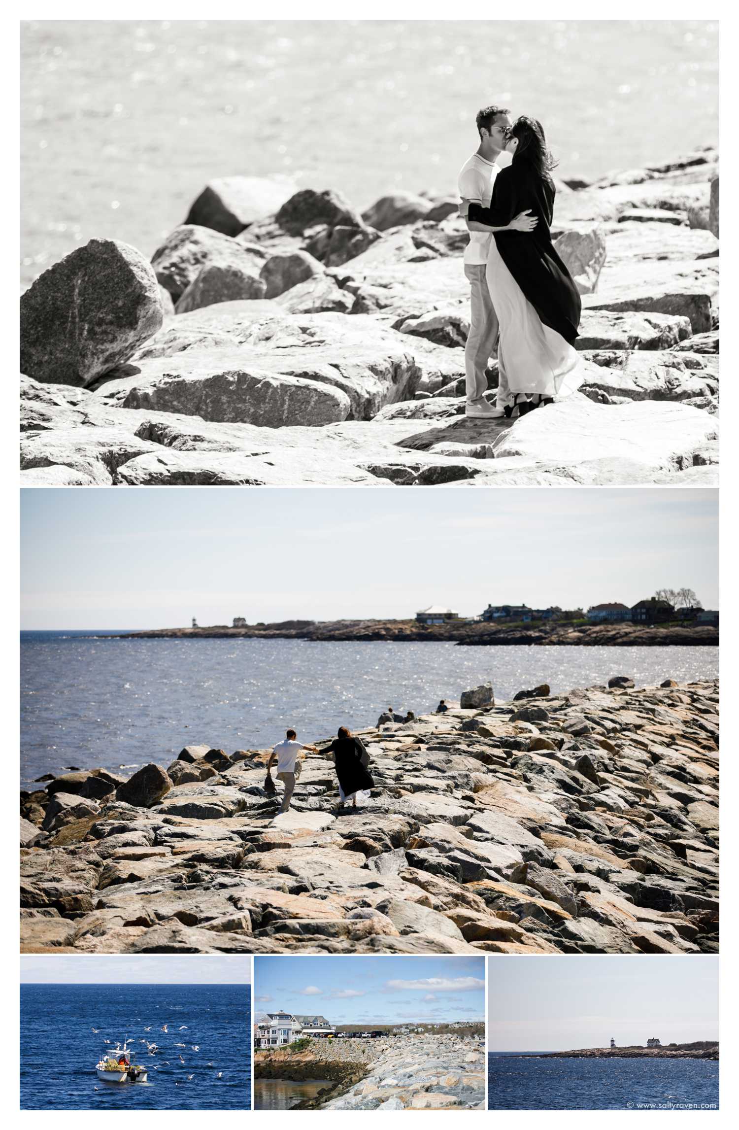 The couple walks out to the end of the rock jetty and stops to kiss on the way.