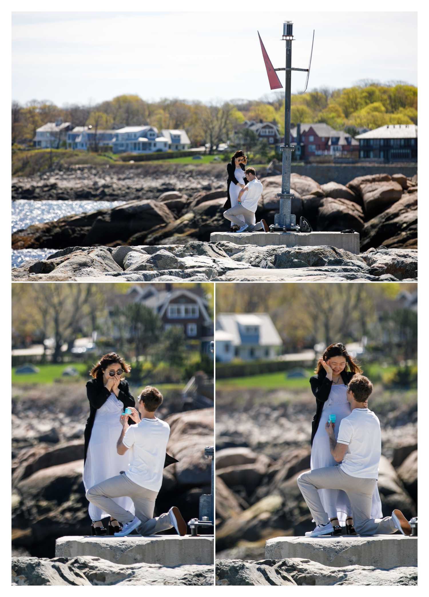 Surprise proposal photography in Rockport, MA out on Bearskin Neck.