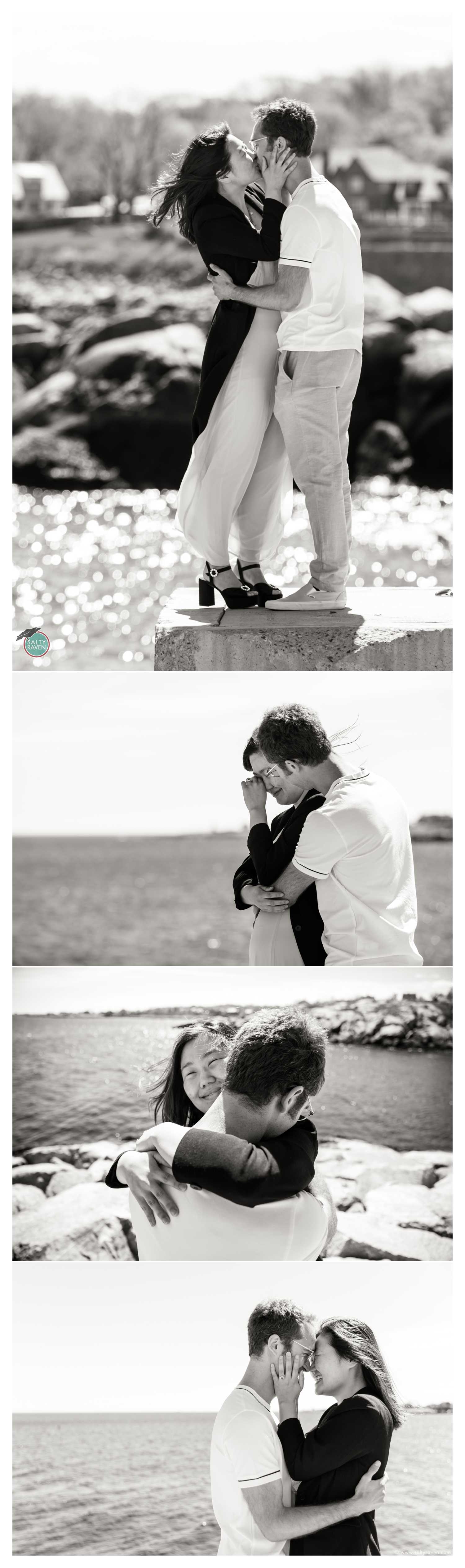 The couple is so happy after they became engaged. They hug, cry, and smile after having their proposal photographed in Rockport, MA.