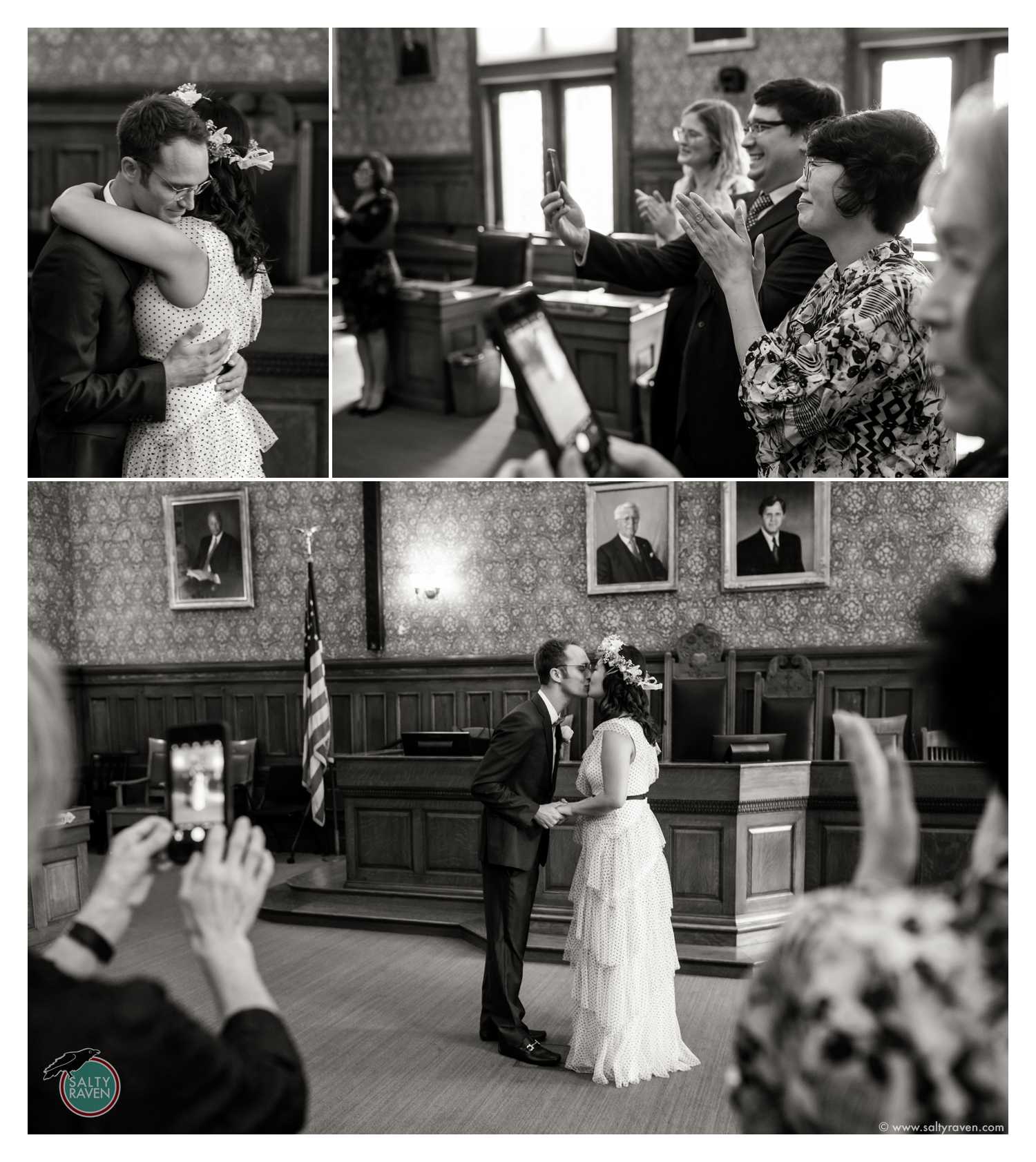 And then following the kiss are hugs and clapping from the guests of their Cambridge City Hall Wedding