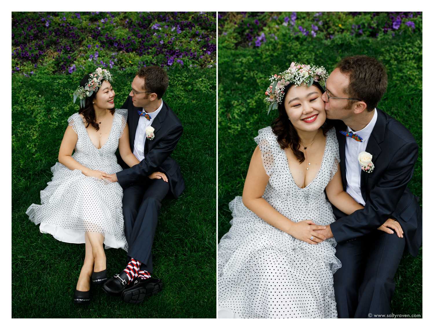 The newly married couple sits down on the lawn outside Cambridge City Hall.