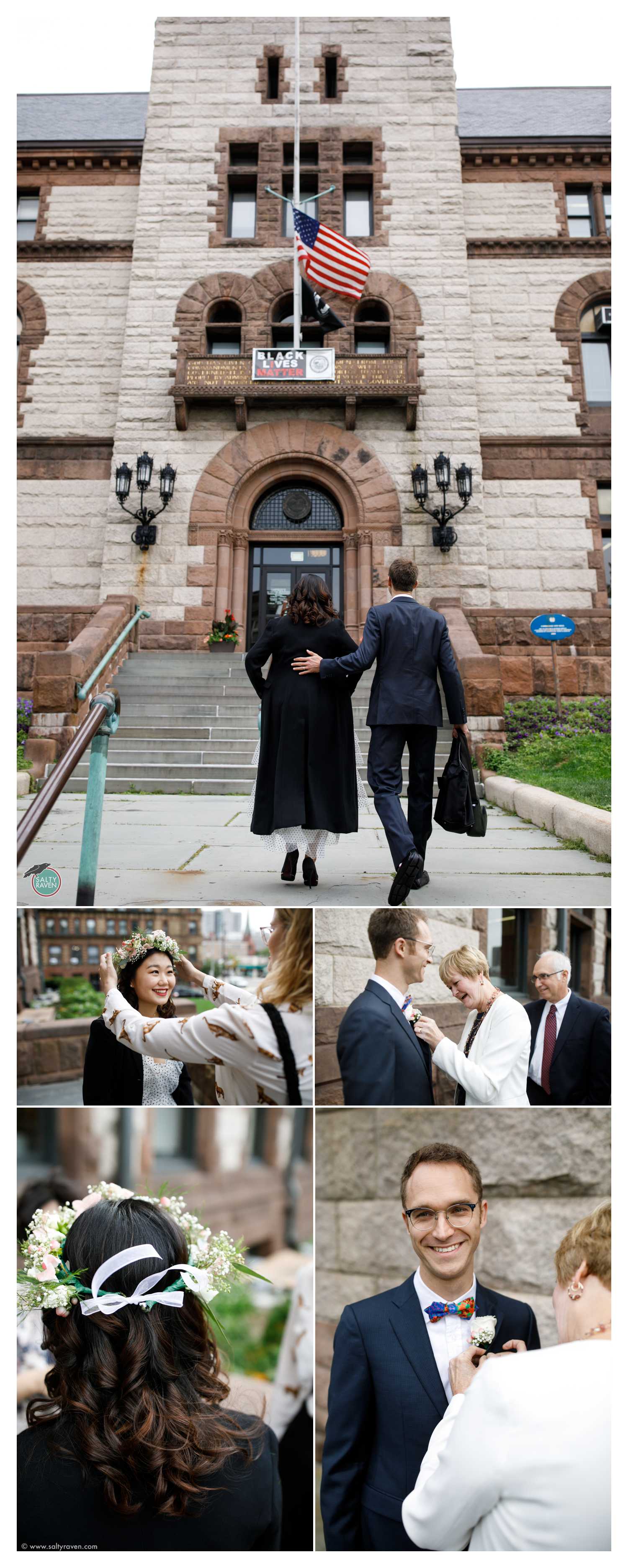 The couple arrives to their Cambridge City Hall Wedding and receives a flower crown.