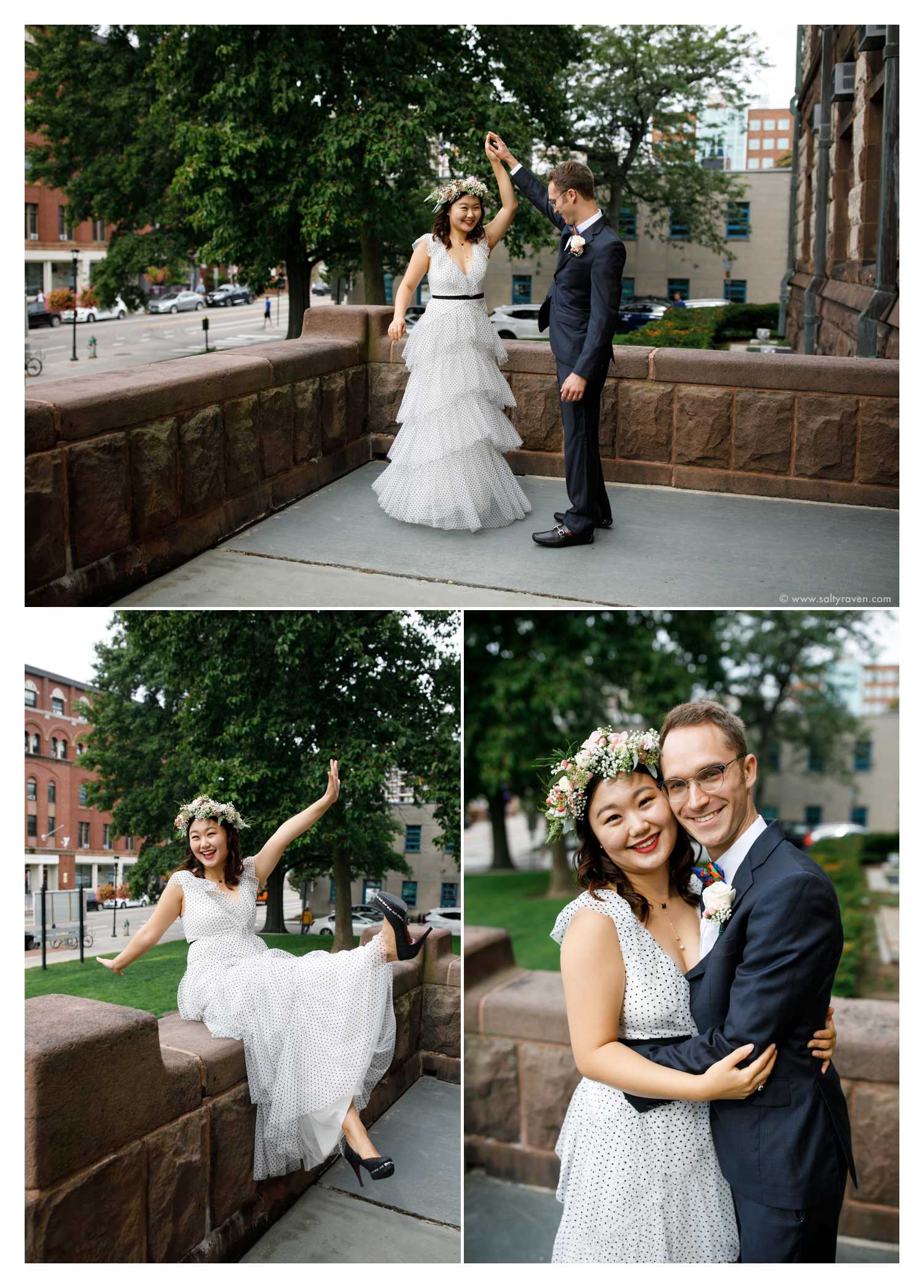 A few light-hearted moments (spinning the bride, kicking her feet out) happen before their Cambridge City Hall Wedding.