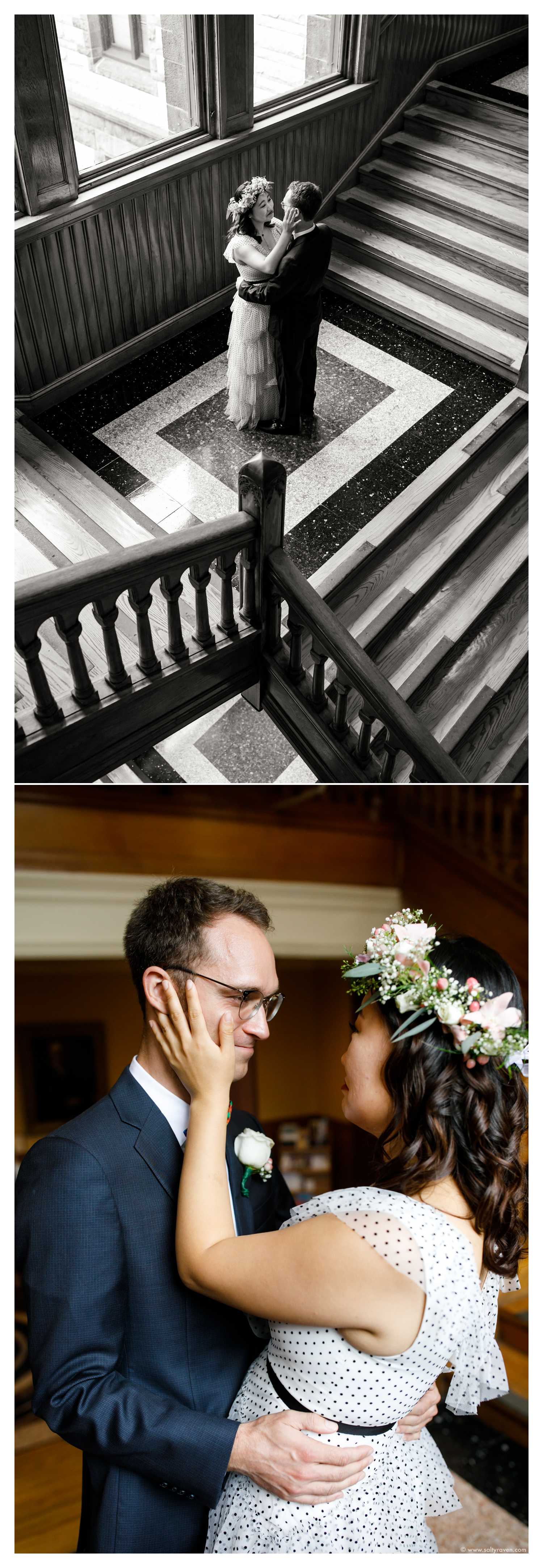 A couple more close up portraits are taken in the stairwell by the Cambridge City Hall Wedding photographer.